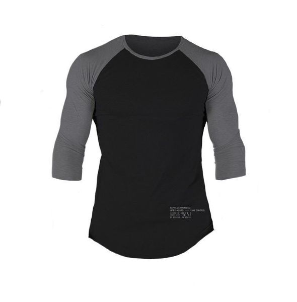 

muscle boy fitness brothers autumn sports three-quarter sleeve t-shirt men's pure cotton slim fit joint long sleeve base shirt, Black;blue