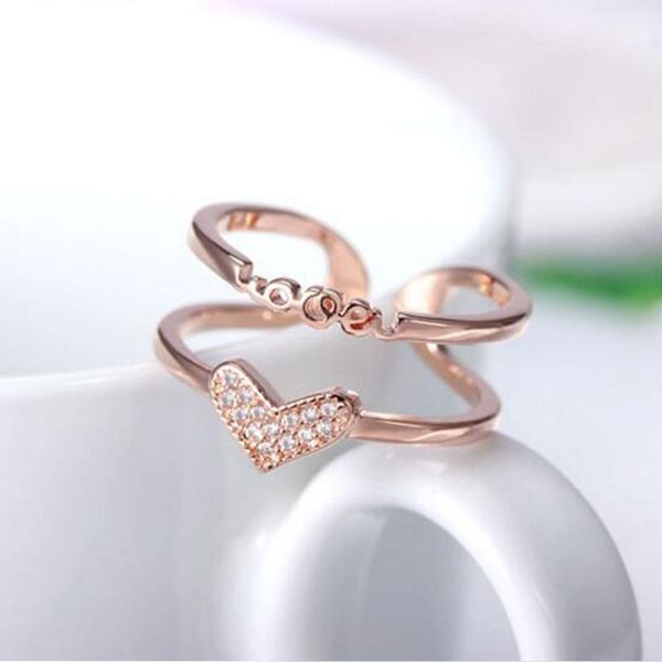 

delicate love heart shaped double layer adjustable rings with shiny zircon 925 sterling silver jewelry for women s-r209, Slivery;golden