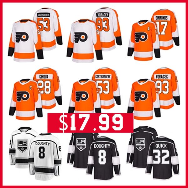 

8 Drew Doughty 32 Jonathan Quick Philadelphia Flyers 28 Claude Giroux 93 Jakub Voracek 17 Wayne Simmonds 53 Shayne Gostisbehere Hockey Jers