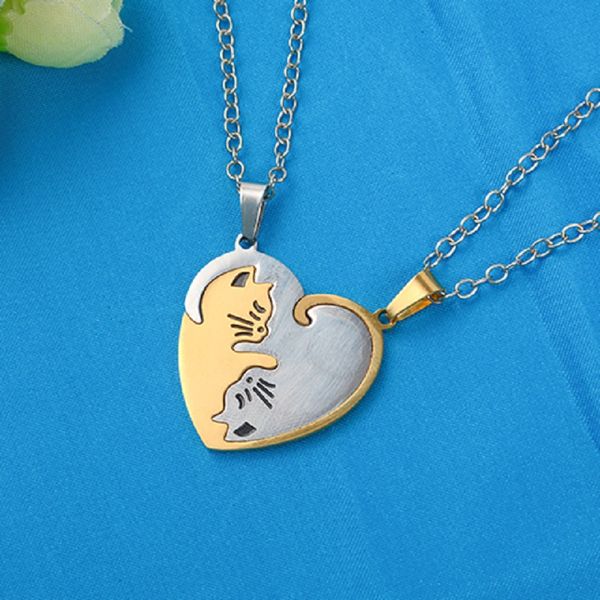 

2pcs/set hand cut cat necklace animal cats pendant couples friends relationship heart round shape puzzle necklace jewelry, Silver