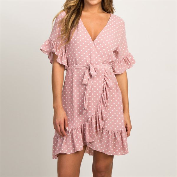 

летнее шифоновое платье 2019 boho стиль пляж платье мода с коротким рукавом v-образным вырезом горошек a-line платье партии сарафан, Black;gray