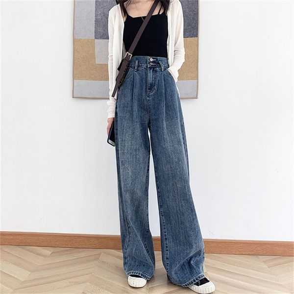 

women's spring 2020 new high waist wide leg jeans double button loose retro mopping jeans, Blue