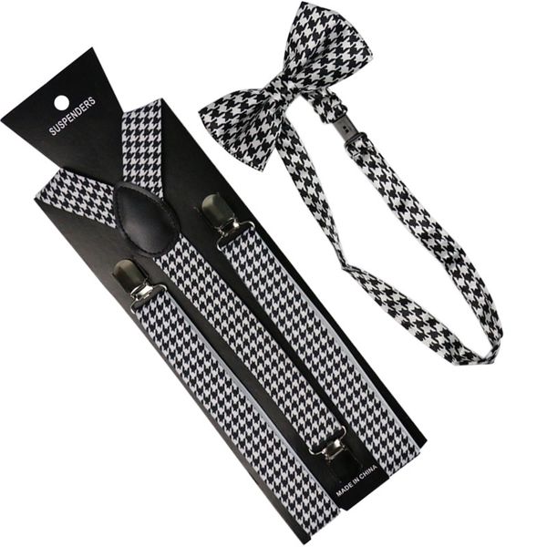 

2.5cm wide black white houndstooth men womens suspenders bow tie set solid elastic suspenders and bowtie shirt brac