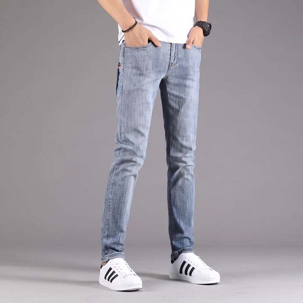 

summer men's jeans slim feet pants straight korean version of the wild elastic tide brand loose casual long pants men, Blue