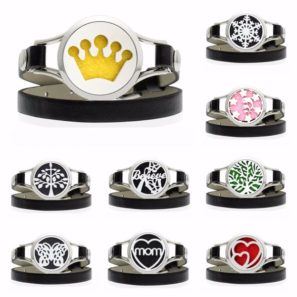 

30mm watch diffuser locket wrap bracelet pu leather band crown mother day stainless steel perfume locket 10pcs pads, Golden;silver
