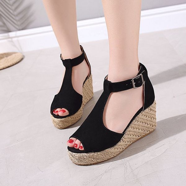 

fish mouth t-type belt buckle side cutouts women's wedge shoes fashion high-heeled fashion sandals europe and america large size, Black