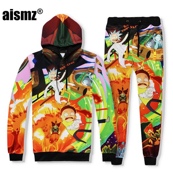 

aismz осень зима повседневная мужская tracksuit мультфильм набор 3d печати с капюшоном + брюки 2 шт наборы moletom men костюм мужчина для, Gray