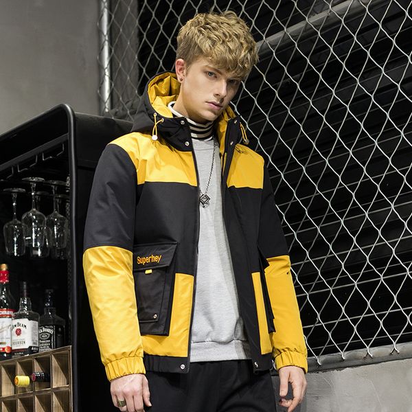 

men's down & parkas clothing 2021 winter ins trend thickened warm jacket men casual color matching hooded, Black
