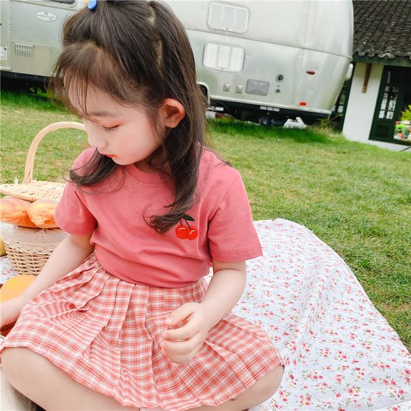 

girl designer clothing sets fashion kids girls embroidery short sleeve t-shirts + pleated skirt children suits summer two pieces sale, White