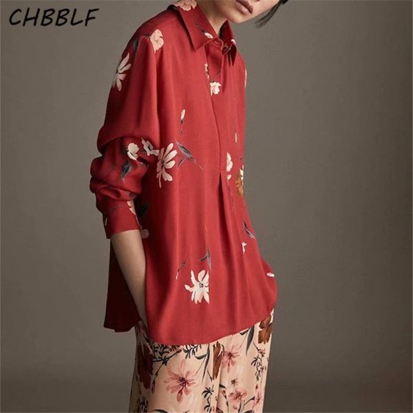 

chbblf women red floral print blouse long sleeve back bow tie turn down collar buttons split shirts chic stylish o8988, White