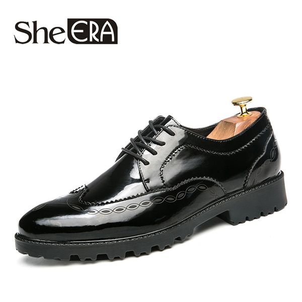 

she era brand full split leather business dress shoes men retro patent genuine leather oxford shoes for men eur size 38-47 drop, Black
