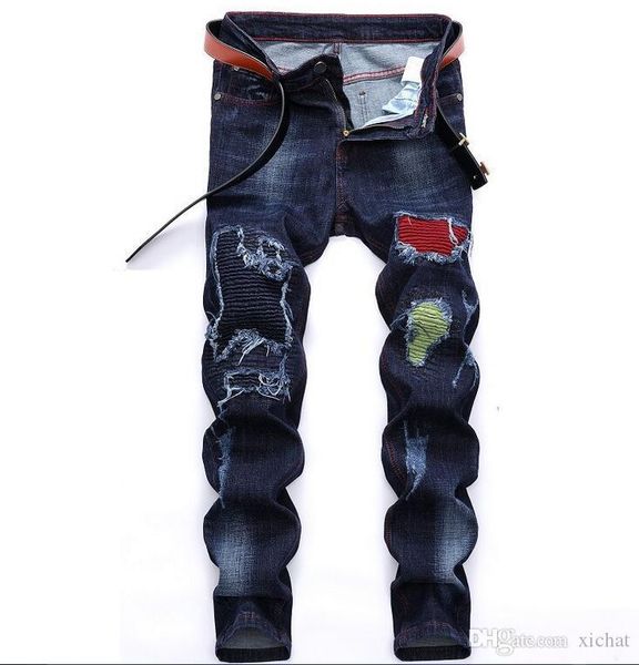 

brand new mens ripped fold panelled straight dark blue jeans slim fit designer retro bleached pleated biker denim pants streetwear 9705