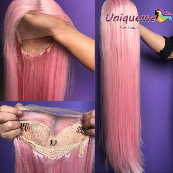 

pink wig synthetic lace front wig 13x4 heat resistant fiber long straight synthetic hair wig glueless pink white synthetic lace wigs cosplay, Black