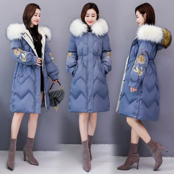 

invierno large fur collar cotton coat female embroidery zipper casual winter new korean slim thickening down cotton coats z593, Black