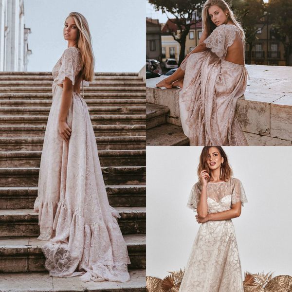 

2020 bohemian wedding gowns jewel neck lace appliqued backless vestidos de novia a line short sleeves boho wedding dress, White