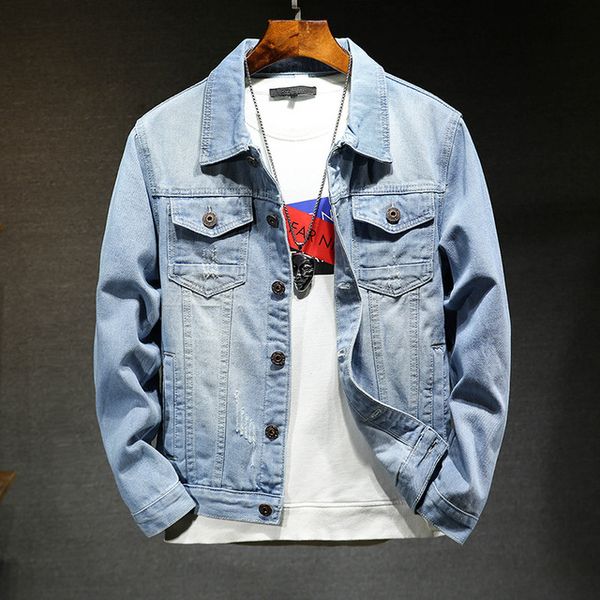 

2020 denim men's european and american simple denim jacket male designer spring and autumn models light blue hole denim jacket male, White;black