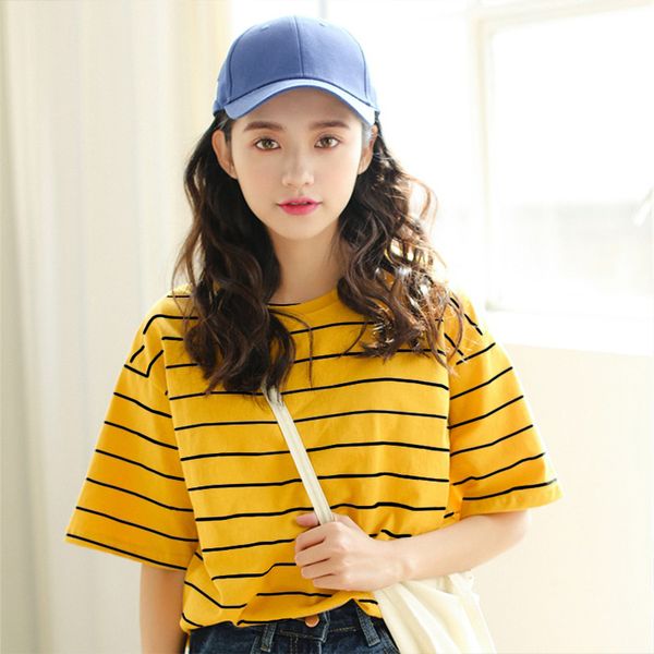 

vintage ulzzang girl friends stripe printed t-shirts summer women casual loose short sleeve tee woman, White