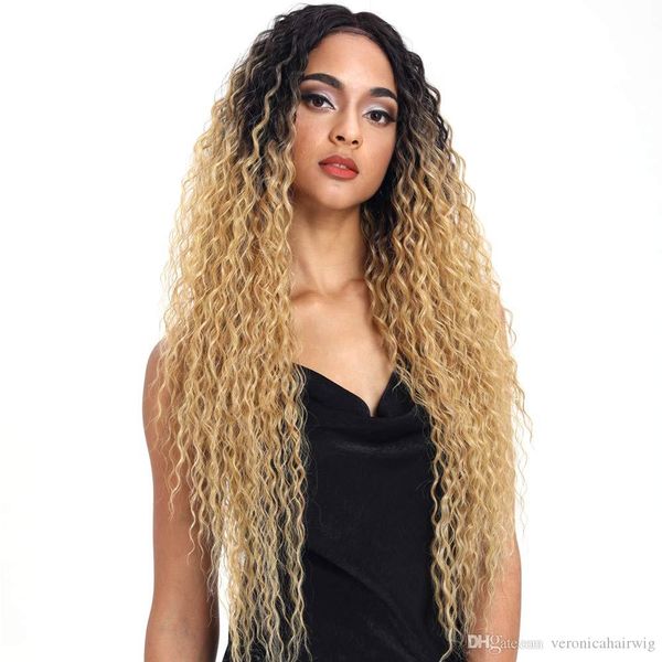 Black Roots Blonde Long Kinky Curly Lace Front Wigs With Baby Hair