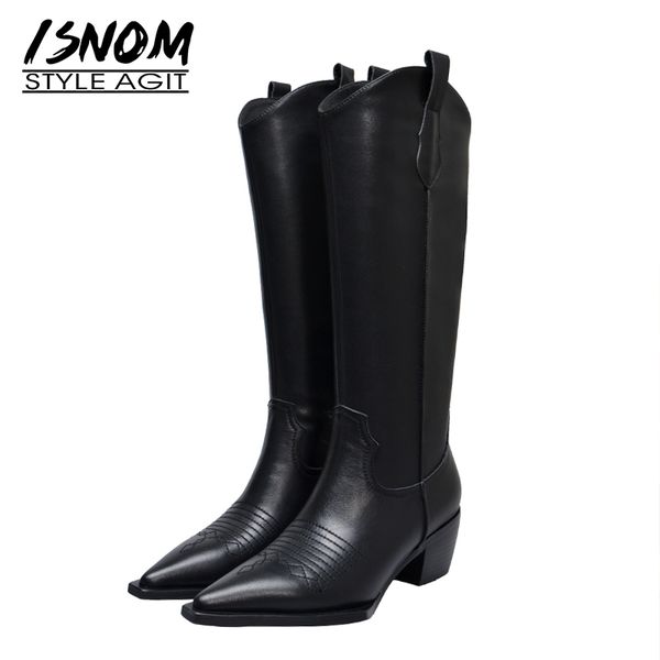 

isnom western boots women knee high cowboy boots fashion pointed toe sewing shoes female high heels thick shoes ladies autumn, Black