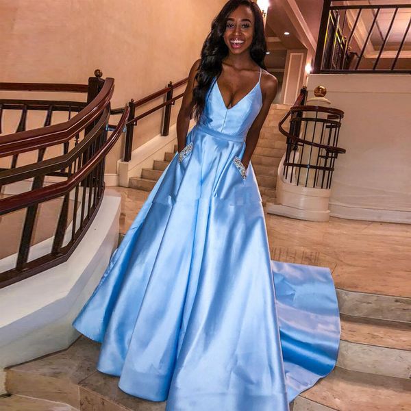 

charming satin light blue prom dresses with beaded pockets v neck straps long evening gowns party dress, Black