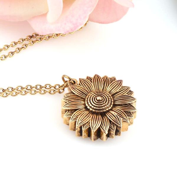 

metal sunflower pendant necklaces for women men openable letter you are my sunshine necklace fashion alloy flower jewelry, Silver