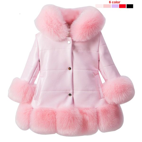 

kids girl's pu leather patchwork fox faux fur collar jacket coat down parkas thicken princess winter outerwear fur coat 7 colour y19102, White