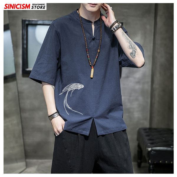 

mrgoldenbowl store men's chinese style summer vintage tshirts 2020 men linen tshirts male embroidery clothing oversize tees, White;black