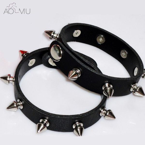 

adjustable black punk rock mens womens rivet stud spike leather cuff bangle bracelet wristband, White