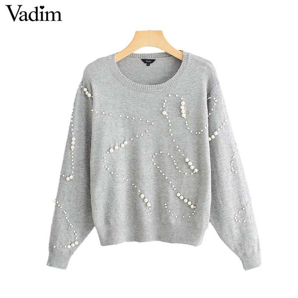 

vadim women beading pearl decorate knitted sweater long sleeve o neck stretchy pullovers female grey casual sweet ha330, White;black