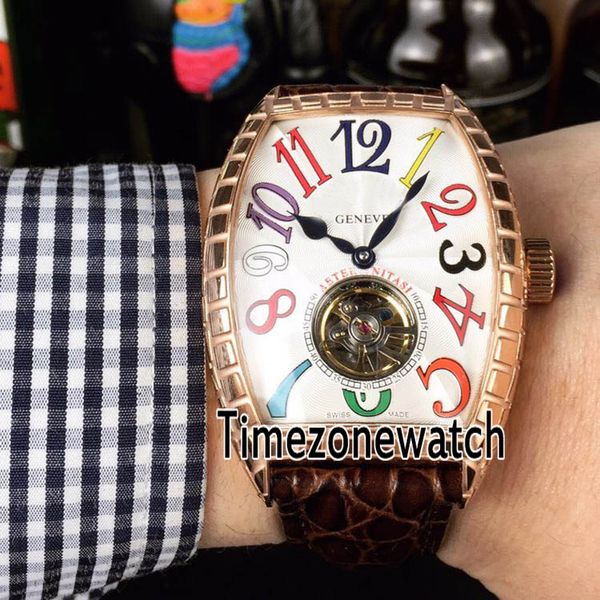 Nuovo Casablanca in oro rosa crack argento quadrante strutturato colore Mark Tourbillon orologio automatico da uomo orologio in pelle marrone Timezonewatch economico E25a1