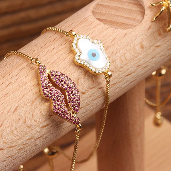 

2019 lips palm bee zircon bracelet gold color zircon copper adjustable chain charm bracelets for women jewelry wristband, Golden;silver