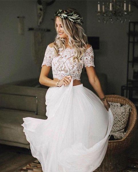 

fashion bohemian 2019 beach wedding dresses two pieces lace off shoulders tulle ruched hollow back boho wedding dress bridal gowns cheap, White