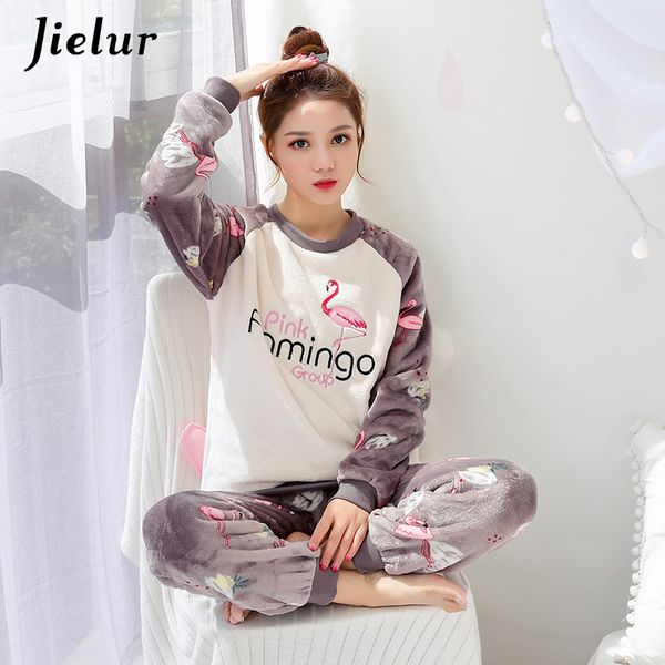 

jielur cartoon flamingo pajamas set autumn embroidery cute flannel thick pyjama femme soft long sleeve pants pijamas womans, Blue;gray