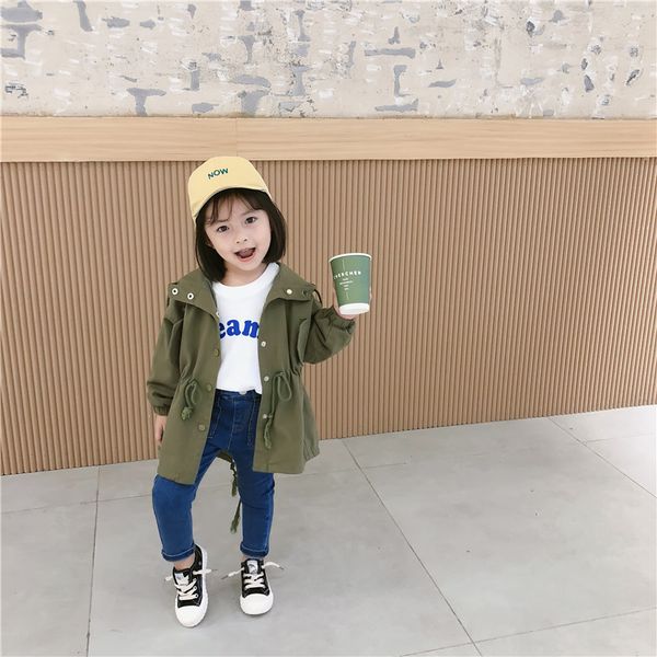 

2019 autumn new arrival korean style cotton pure color long style all-match hooded windbreak coat for fashion cute baby girls, Blue;gray
