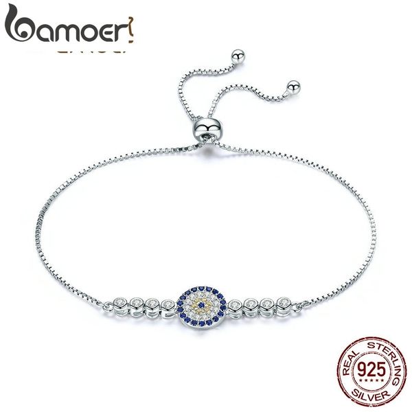 

bamoer 925 sterling silver lucky round blue eyes power tennis bracelet pave cz adjustable link chain bracelets jewelry scb006, Golden;silver