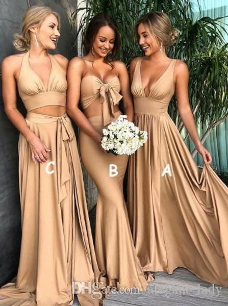 Sexy billige einfache Boho-Champagner-Brautjungfernkleider in A-Linie mit V-Ausschnitt, Boho-Strand-Trauzeugin-Kleider, Bohemian-Kleid für Hochzeitsgäste in Übergröße