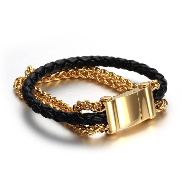 

men's hip hop white gold leather knitting simple fashion gold white stainless steel bracelet men's titanium steel bracelet, Black