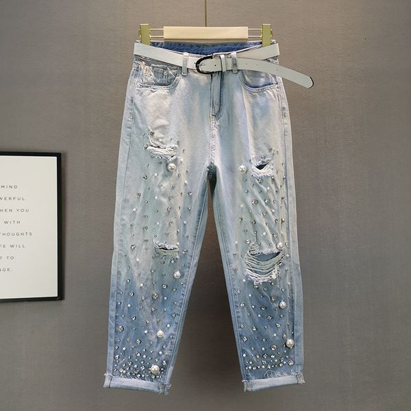 

2020 summer jeans for woman loose high waist rhinestone pearl beaded ripped jeans female wide leg denim pants woman, Blue