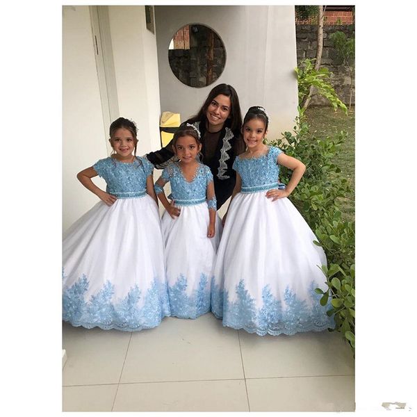 

luxurious lace beaded flower girl dresses ball gown tulle little girl wedding dresses communion pageant dresses gowns f199, White;blue