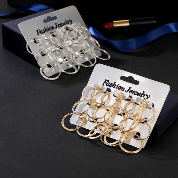 

women 9 pair/set geometric round punk hoop earrings set gold silver color twist earring party jewelry for women, Golden;silver