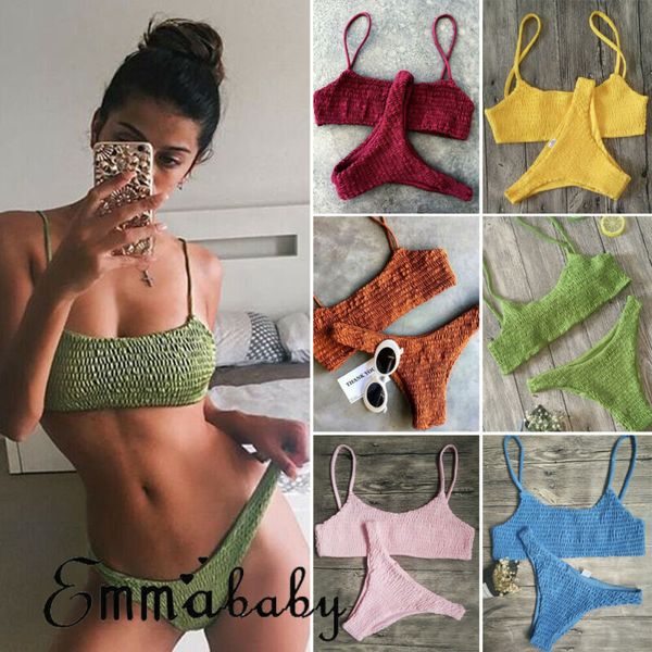 

new arrival girls women bikini set pleated swimwear solid color bikini sets swimsuit beach wear