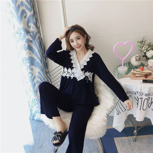 

women pajamas sets autumn new palace court female pajamas set comfort combed cotton high-grade lace bandage home service, Blue;gray