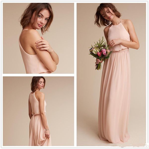 

Elegant Halter Chiffon Long Bridesmaid Dresses 2019 A Line Floor Length Evening Party Gowns Prom Dresses with Ruffle Sash