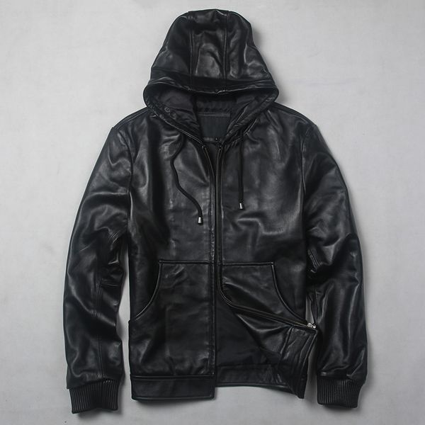

2020 new autumn men's genuine leather jacket fashion slim fit black sheepskin leather coat man with a hat