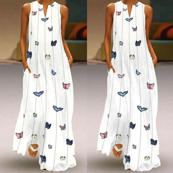 

summer bohemian dress 2019 women vintage daily casual sleeveless striped butterfly printed summer dress vestidos robe femme @4, Black;gray