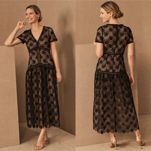 

bhldn мать невесты платья кружевные аппликации v образным вырезом с короткими рукавами элегантное свадебное платье для гостей длина по щикол, Black;red