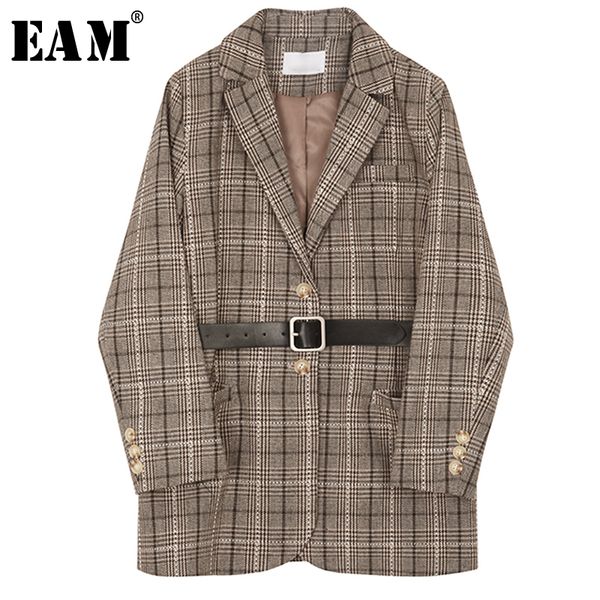 

eam] 2019 new autumn winter lapel long sleeve coffee plaid pocket stitch belt loose jacket women coat fashion tide jq035, Black;brown
