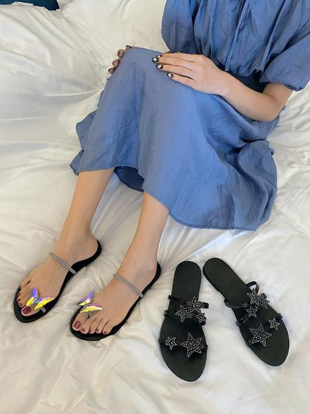 

2020 summer new tide net red rhinestone stars slippers word flat bottom fairy style butterfly comfortable sandals, Black
