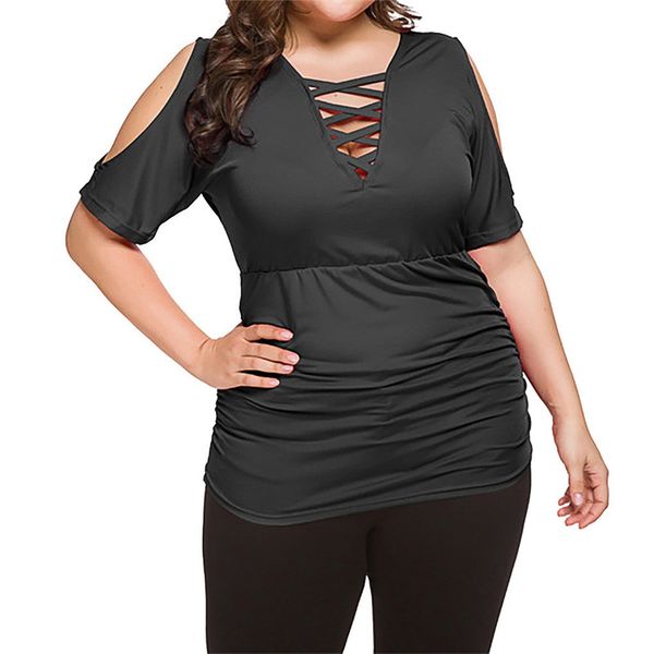 

женщины твердые футболки плюс размер xl-5x с коротким рукавом с плеча сексуальная повязка крест-накрест глубокий v-образным вырезом топы тро, White