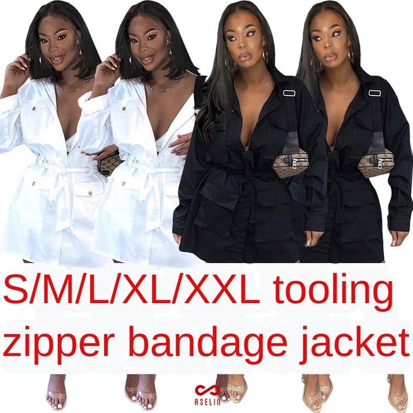 

женская дизайнерская молния ремень мульти-карман сексуальное платье ветровка jacketozhm, Black;brown